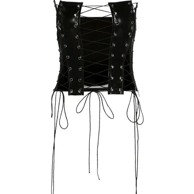 Sexy Hollow Low Cut Fish Bone Faux Leather Tunic Top Black - Shop at LoveMi