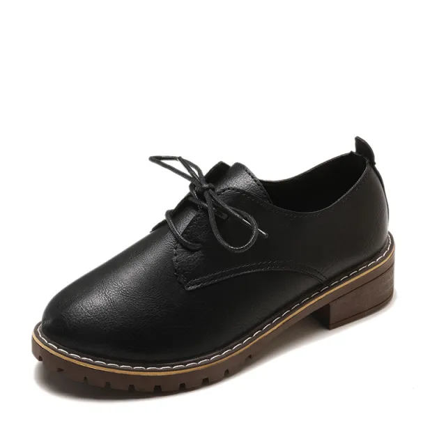 Women's Shoes Thick Heel Lace All Match Retro Black Small Leather Shoes Black - Shop at LoveMi