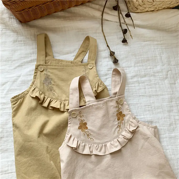 Korean Style Embroidered Suspender Skirt For Middle And Small Children With Ruffles