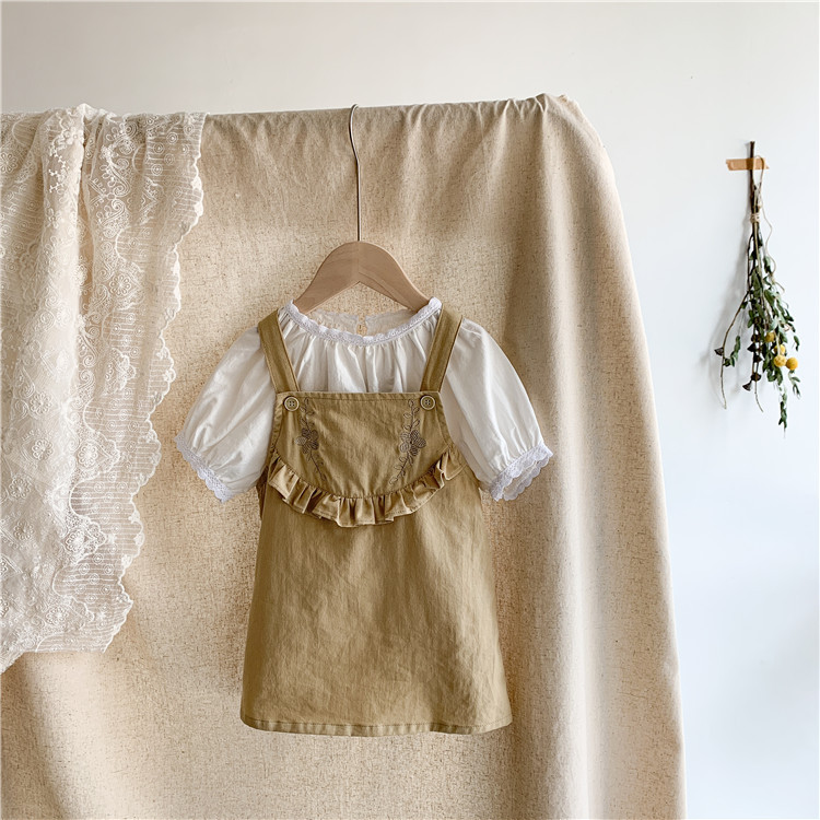 Korean Style Embroidered Suspender Skirt For Middle And Small Children With Ruffles