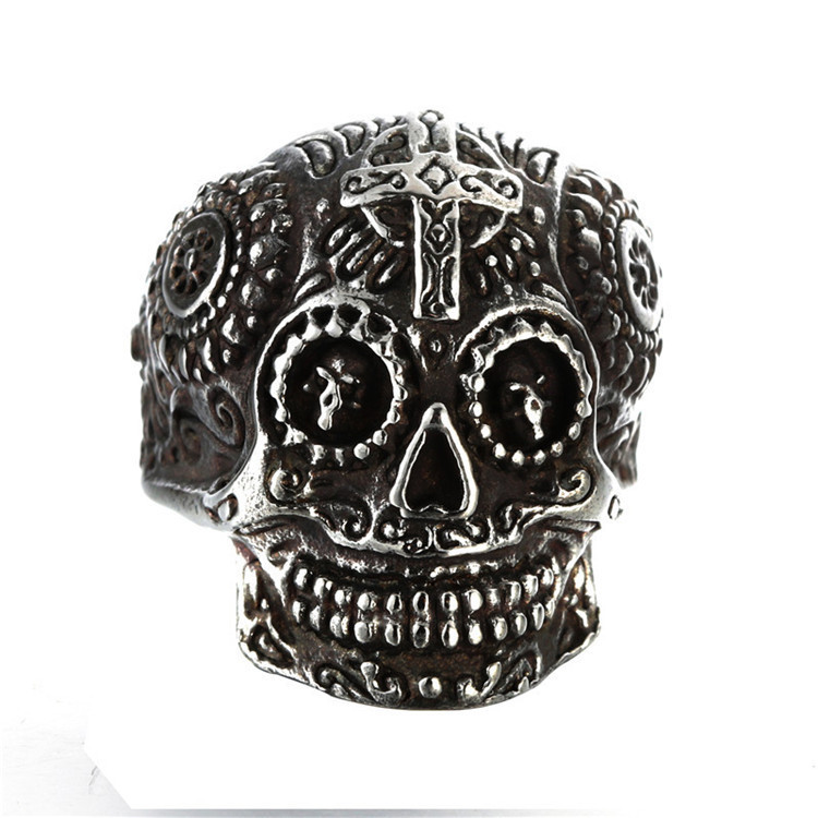 Male Carved Gabala Stainless Steel Ghost Head Green Eye Ring