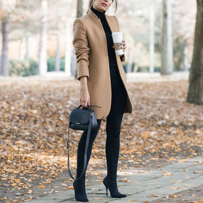Autumn And Winter New Style European And American Fashion Solid Color Stand-Up Collar Woolen Blazer - Khaki