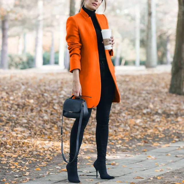 Autumn And Winter New Style European And American Fashion Solid Color Stand Up Collar Woolen Blazer Orange - Shop at LoveMi