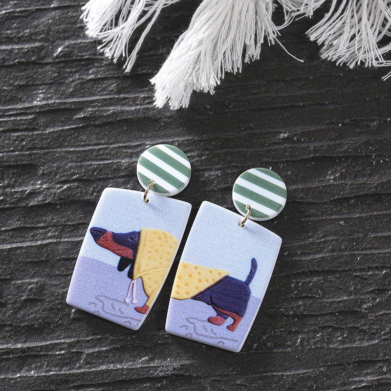 Ins Lovely Girl Pet Printing Acrylic Earrings Temperament Design Sense Earrings Europe And The United States Exaggerated Large