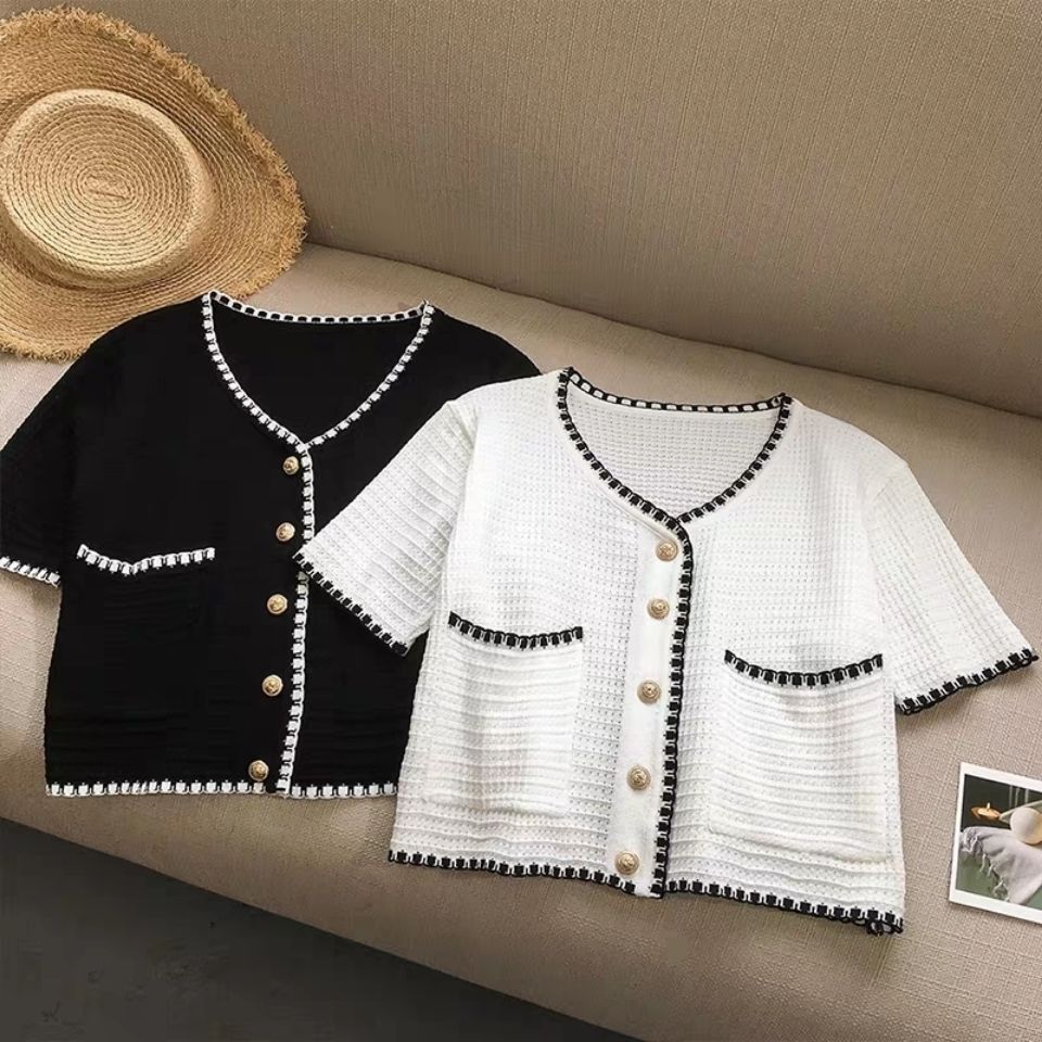 Small Fragrance Top Women's High Waist Slim Short White Ice Silk Knitted Cardigan Summer Thin Short-Sleeved Jacket