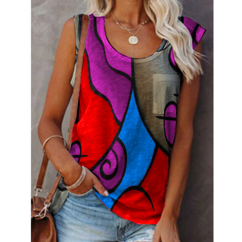 Title 2, Casual Sleeveless Color Matching T-shirt Plus S...