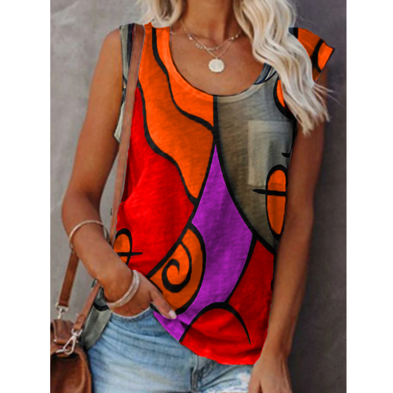 Title 3, Casual Sleeveless Color Matching T-shirt Plus S...