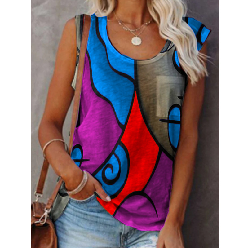 Title 6, Casual Sleeveless Color Matching T-shirt Plus S...