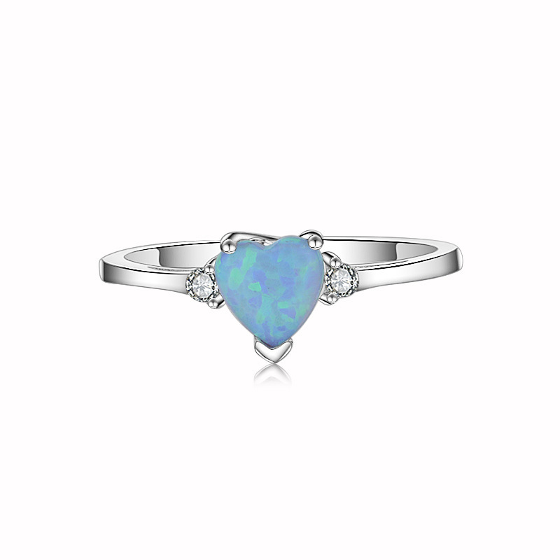 Sterling Silver S925 Platinum-Plated Simulation Diamond Female Ring With Heart-Shaped Blue Waves Inlaid Opal Stone And Auspicious Simple