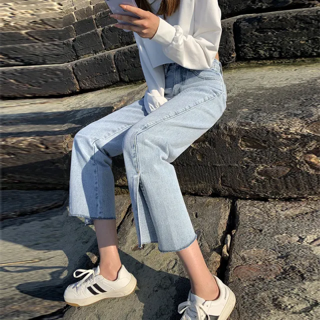 High Waisted Wide Leg Split Jeans Women's Straight Loose Loose Spring And Autumn Summer New MM Was Thin Split Trousers Urban Tide Light Blue - Shop at LoveMi