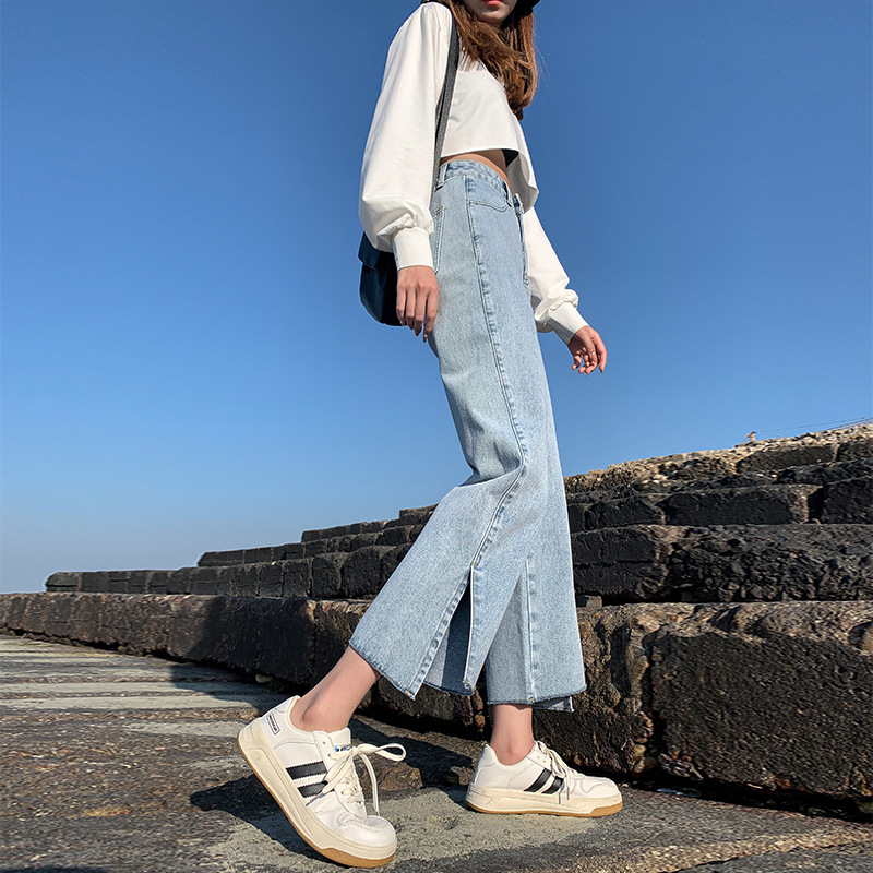 High-Waisted Wide-Leg Split Jeans Women's Straight Loose Loose Spring And Autumn Summer New MM Was Thin Split Trousers Urban Tide