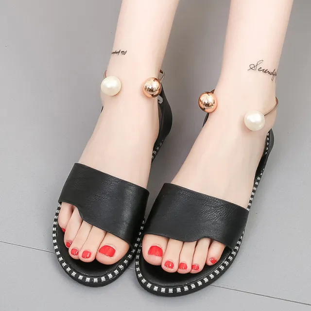 Flat Bottomed Pearl Buckle Comfortable Sandals Korean Fashion Student Open Toed Casual Women'S Shoes Trend Black - Shop at LoveMi