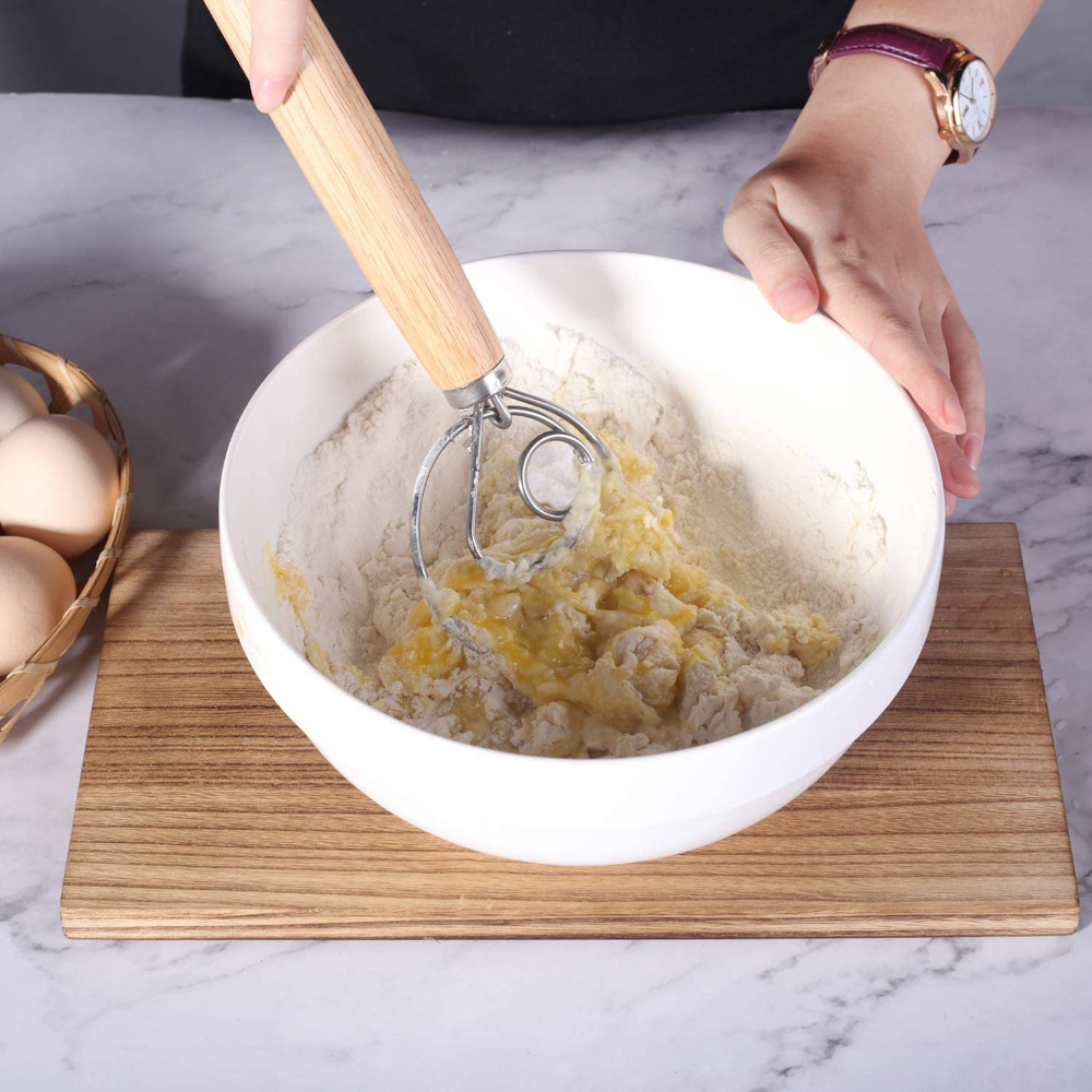 Bread Hand Mixer Stainless Steel Coil Wooden Handle Whisk Two Pack