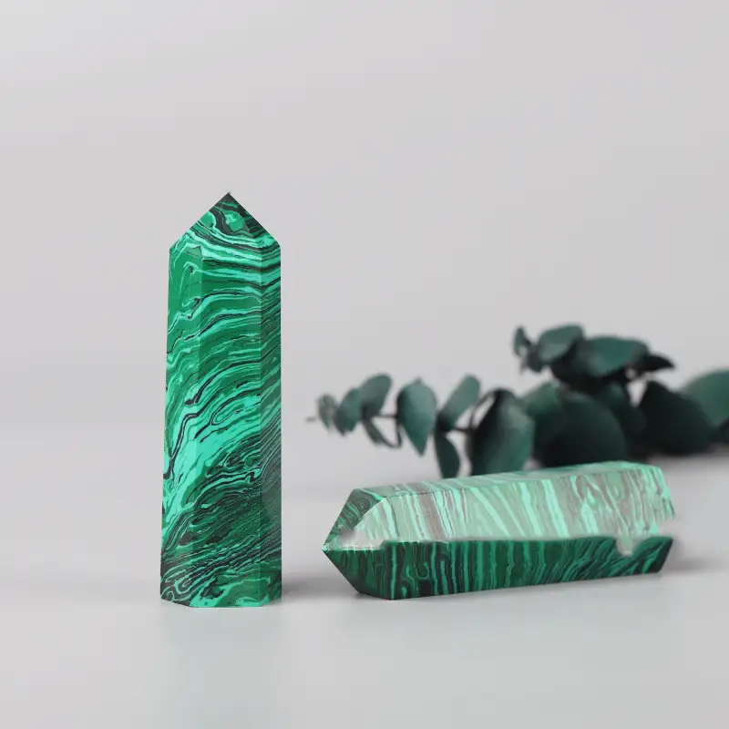 Natural Malachite Single Pointed Column Green Striped Crystal Hexagonal Prism Power Stone