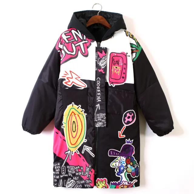 Mid Length Cotton Padded Jacket Women Winter New Style Cartoon Printed Down Cotton Padded Jacket Student Fashion Net Celebrity Ins Jacket As Shown - Shop at LoveMi