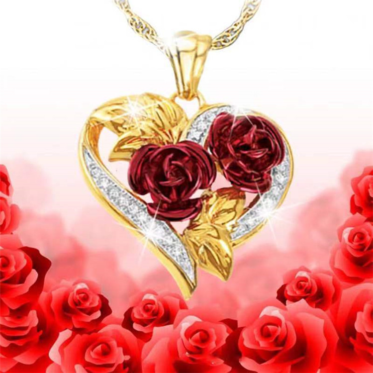 Love Heart Red Rose Flower Necklace Heart Shape