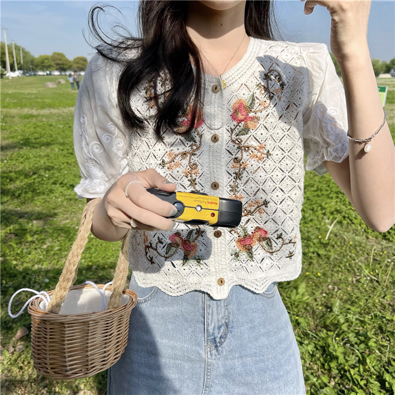Korean Style Chic Top Summer New Style Knit Sweater Women Thin Hollow Puff Sleeve Stitching Short-Sleeved Cardigan Tide