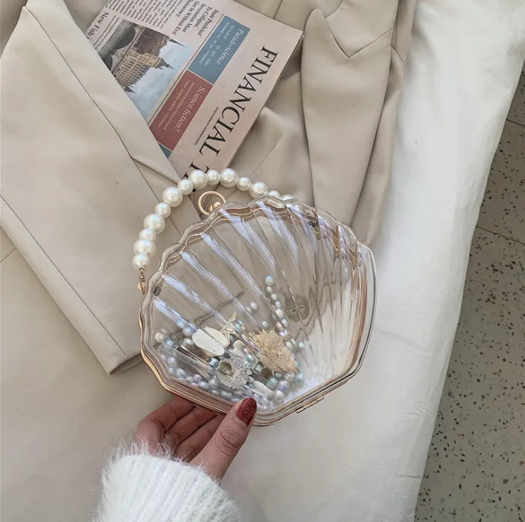 Bags Women's Bags New Trendy Transparent Shell Bag Box Bag Western Style Pearl Female Messenger Shoulder Retro Texture - White