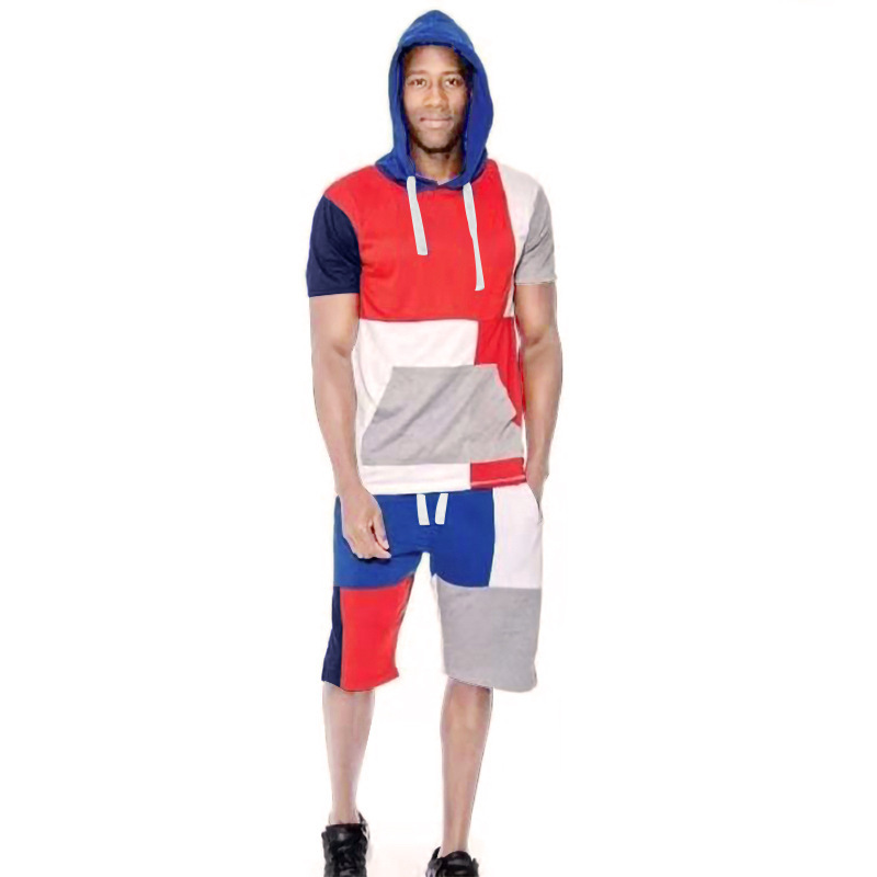 Color Matching Sports Casual Fashion Hooded Short-Sleeved Men