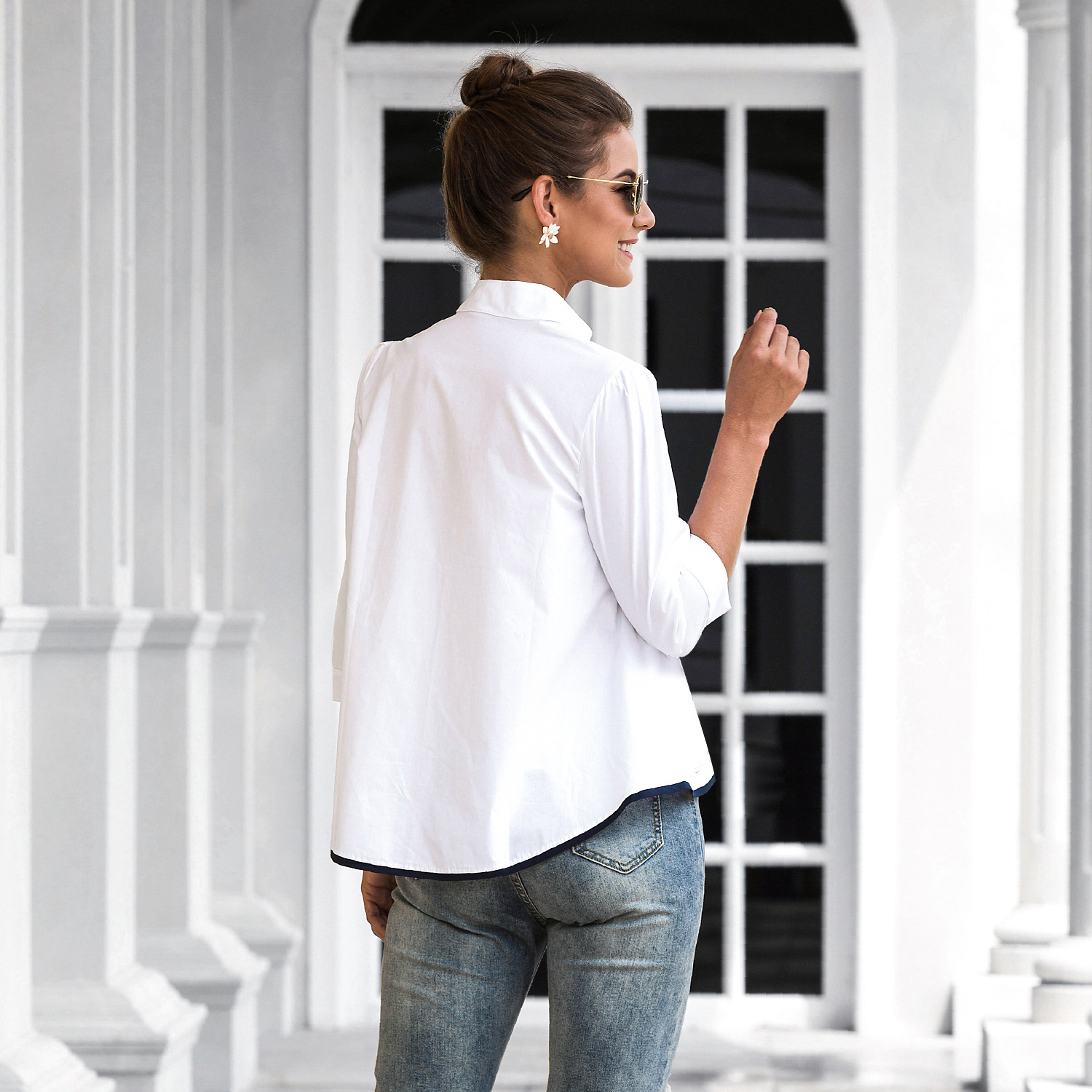 Mid-sleeve Babydoll Shirt Heavy Embroidery Cotton Top