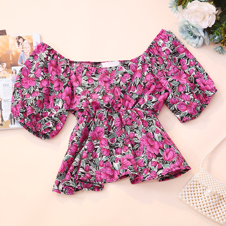 Fashion Floral Doll New Waist Short Sleeve Shirt Korean Top Short Shirt Green - Shop at LoveMi