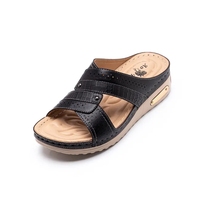 European And American Flip Flops Cross Border Wedge Heel Thick Soles Comfortable Non Slip Mother Shoes Rivet Slippers Women Black - Shop at LoveMi