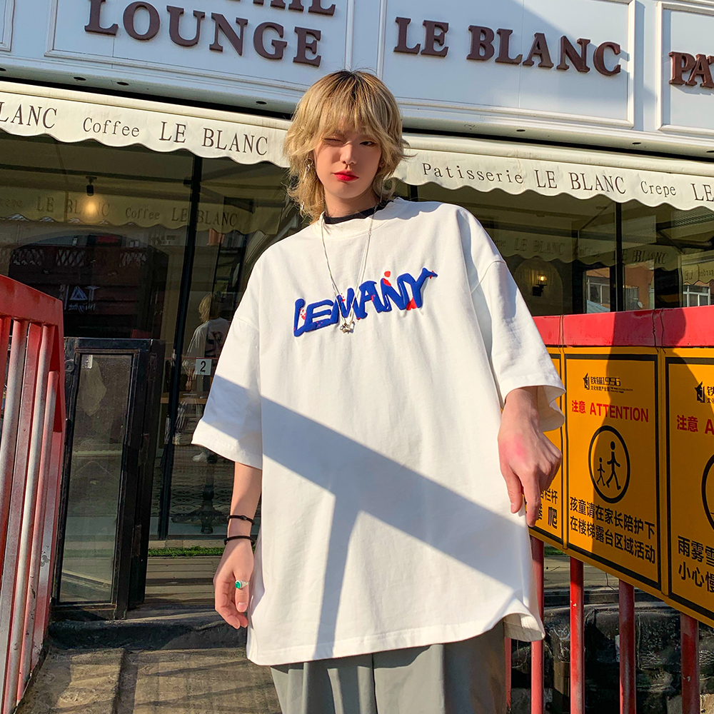 Leman Jinjun Short Sleeve Men'S Fashion Korean Fashion Foam Technology Top Hip Hop Loose Bf Split Half Sleeve T-Shirt