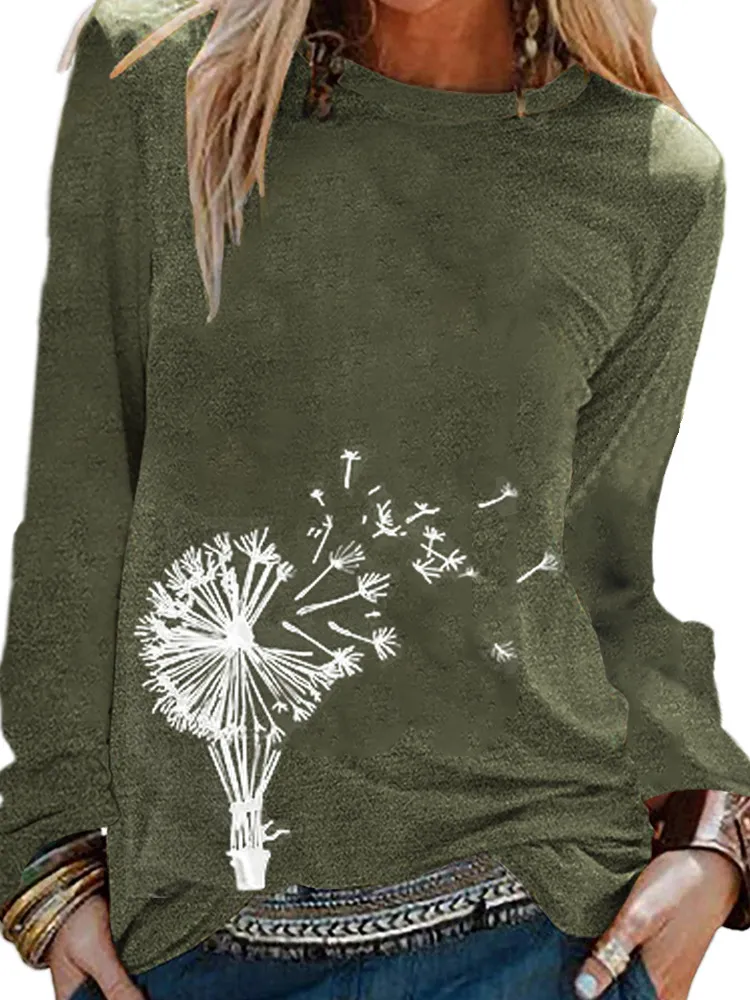 Women's Short-sleeved Floral Print Casual O-neck T-shirt - Army Green