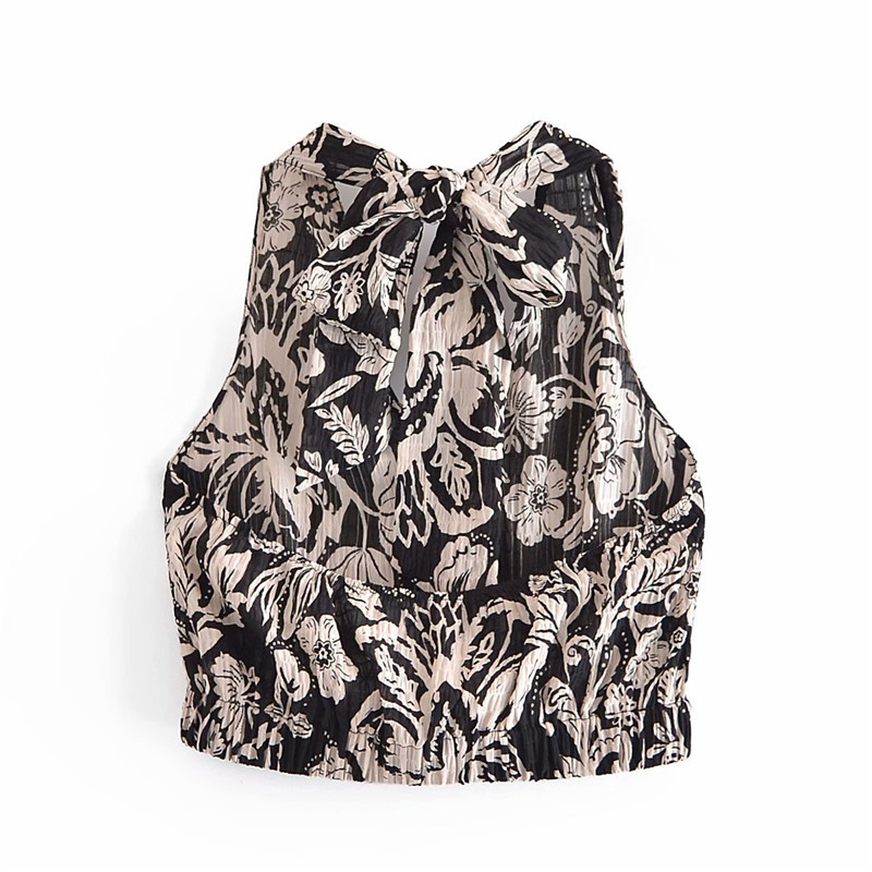 European And American Retro Style V-neck Print Cropped Top With Knot On The Back