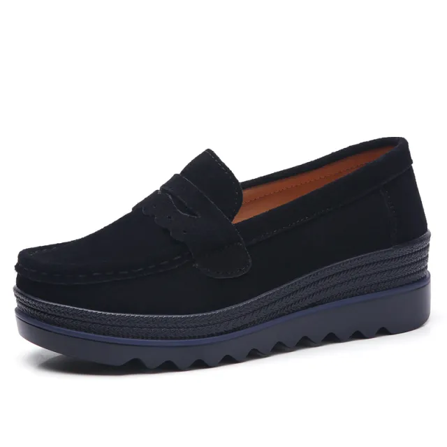 Genuine Leather Sneakers Korean Fashion Thick Soled Rocking Women'S Casual Shoes Black - Shop at LoveMi