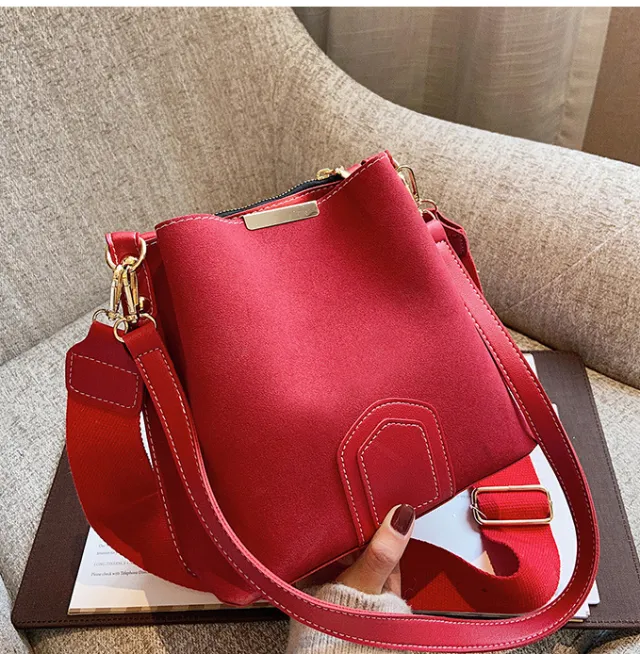Crossbody Shoulder Bag Korean Fashion Frosted Bucket Bag Red - Shop at LoveMi