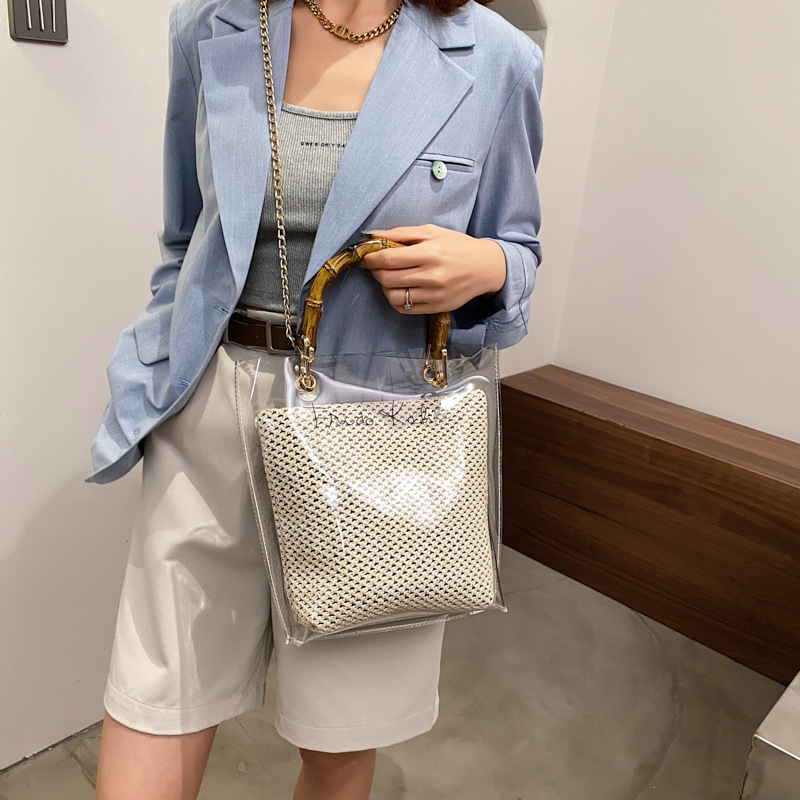 Transparent Large-Capacity Bamboo Bag For Spring New Korean Fashion Trendy Chain Crossbody Beach Woven Jelly Bag