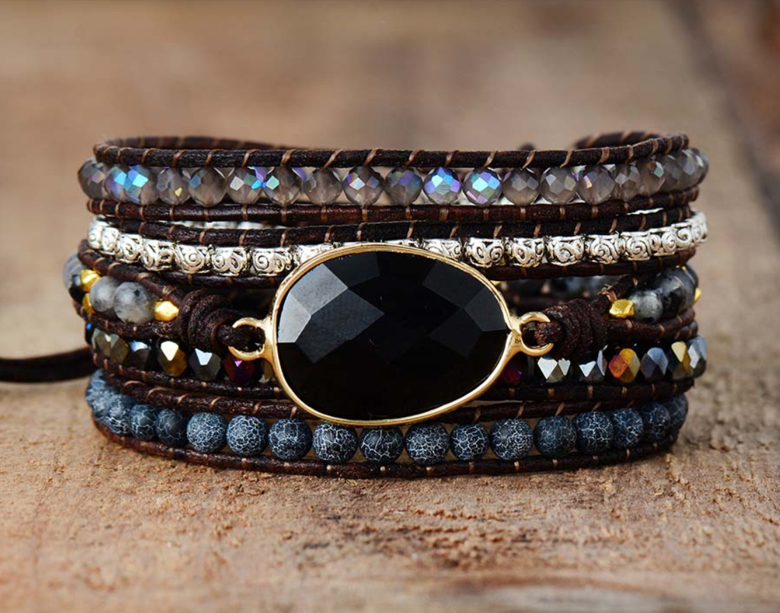 Cross Border Trade For Black Agate Multilayer Hand Woven Leather Beaded Bracelet Wholesale Bohemian Bracelet