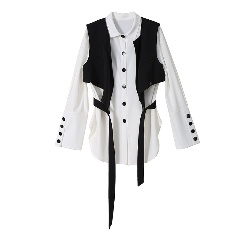 Women's Design Sense Versatile Long sleeved Blouse Vest Suit Whiteblack - Shop at LoveMi