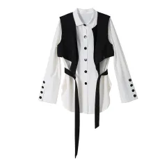 Women's Design Sense Versatile Long-sleeved Blouse Vest Suit - Whiteblack - View 1