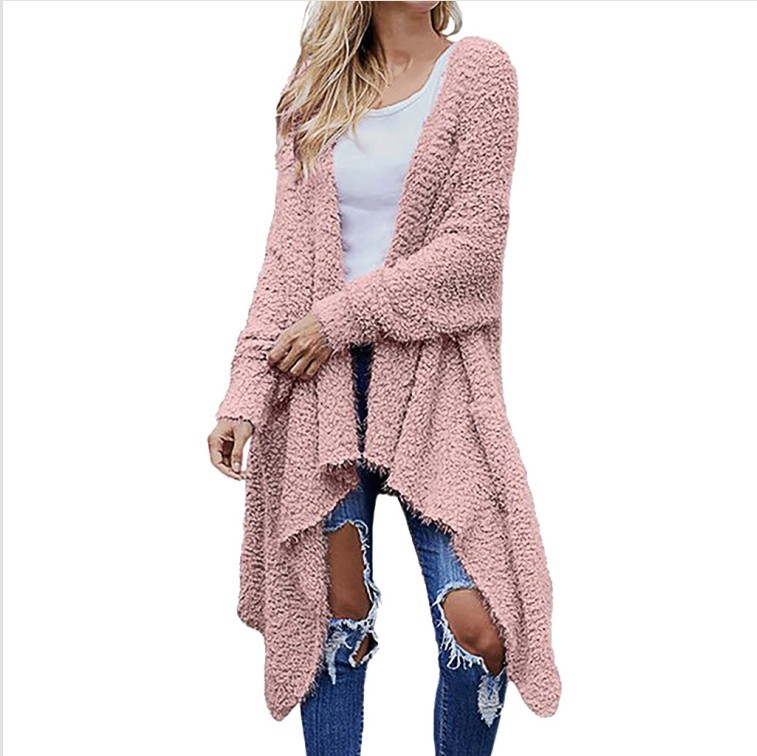 New Mid Length Cardigan Thick Plush Women's Solid Color Long Sleeved Loose Coat Pink - Shop at LoveMi