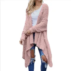 New Mid Length Cardigan Thick Plush Women's Solid Colour Long Sleeved Loose Coat - Pink - View 1