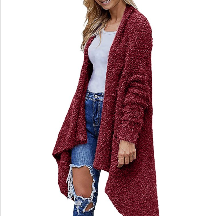 New Mid Length Cardigan Thick Plush Women's Solid Color Long Sleeved Loose Coat Wine - Shop at LoveMi