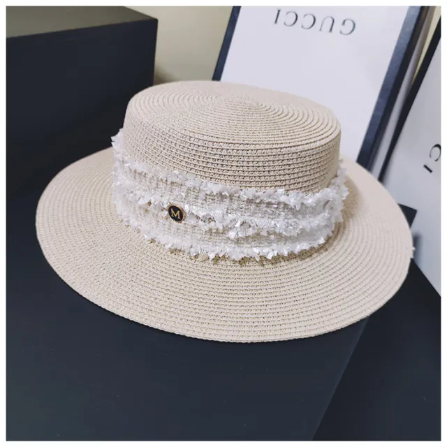 Hepburn Ladies Style Flat Top Hat Straw Hat Beige - Shop at LoveMi