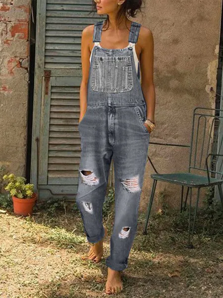 Jumpsuit Women's Fashion Denim Ripped Hole Cut Solid Color Overalls Grey - Shop at LoveMi
