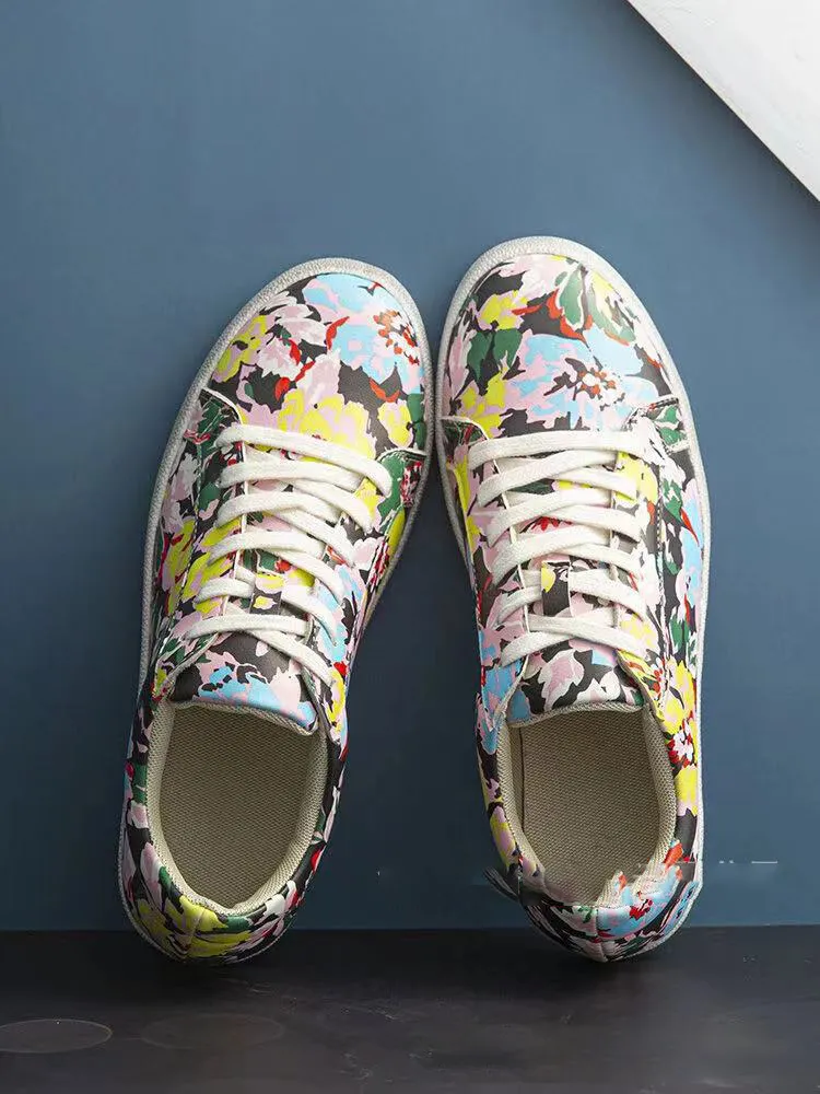 SOCOFY Femme Imprime Fleurs Baskets Chaussures A Lacets Decontracte Baskets En Plein Air Dames Marche Chaussures De Sport Chaussures de Skate - White