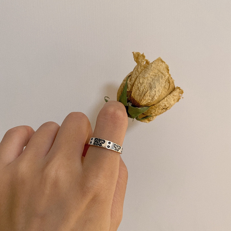 925 Silver Vintage Girly Butterfly Open Ring Female Distressed Effect Ring Finger Ring