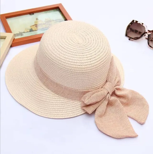 Female Wild Straw Bowknot Bowl Hat Summer Sun Hat Folding Straw Hat Sun Hat Beach Hat Pink - Shop at LoveMi