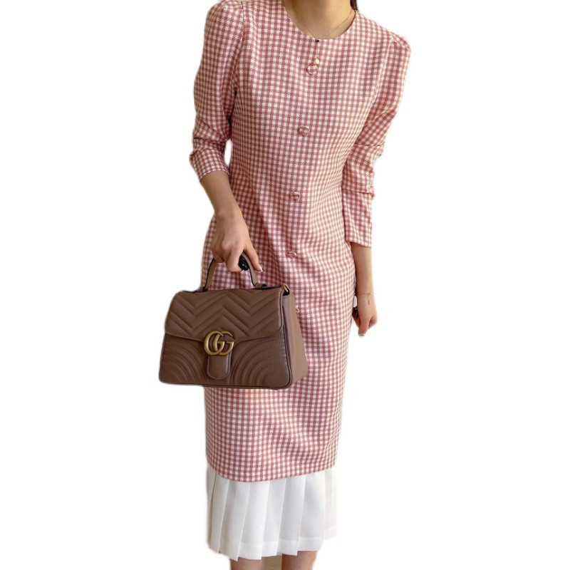 Single-breasted Decorative Contrast Stitching Pleated Plaid Dress