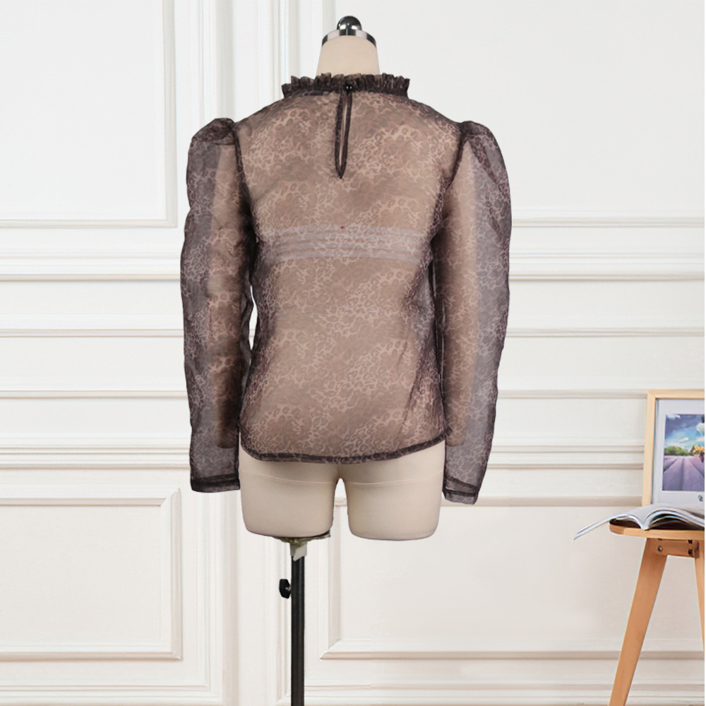See-Through Net Long-Sleeved Leopard Print Ruffled Plus Size Loose Top Shirt