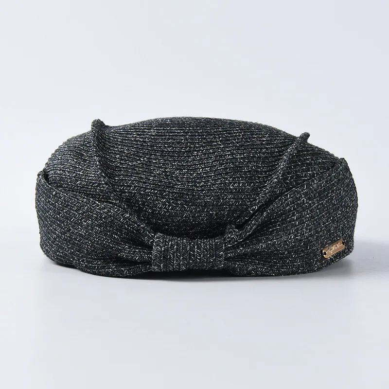 Japanese Straw Beret Summer Elegant Bow Straw Hat - Black