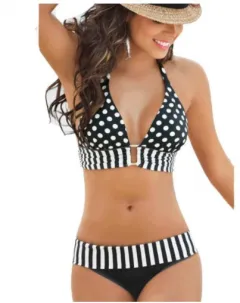 Cute Se Xy Polka Dot Split Foreign Trade Bikini Halter Neck Strap Ladies Swimsuit Popular In Europe And America - Black - View 1