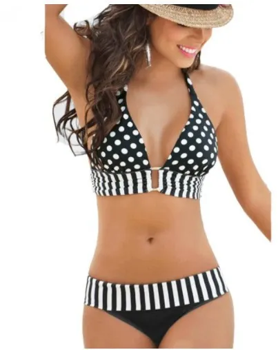 Cute Se Xy Polka Dot Split Foreign Trade Bikini Halter Neck Strap Ladies Swimsuit Popular In Europe And America Black - Shop at LoveMi