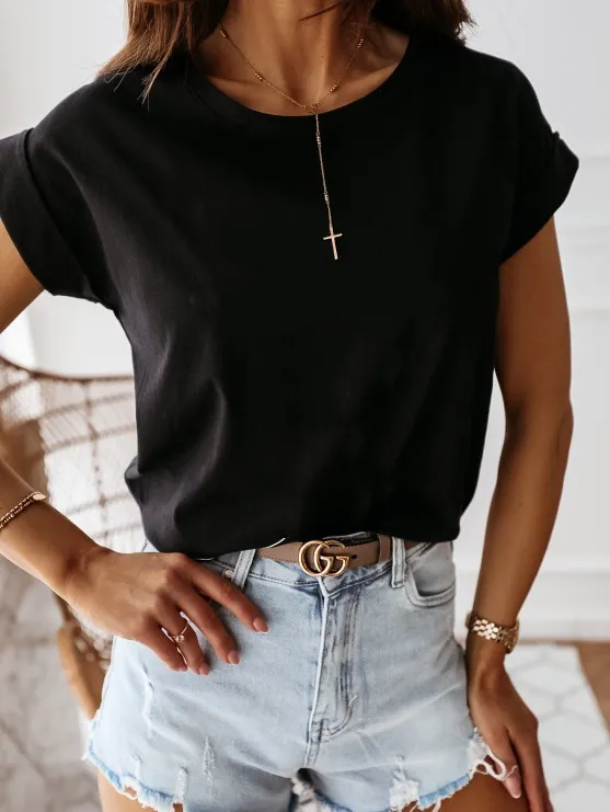 Simple Solid Color Short sleeved Round Neck Ladies T shirt Black - Shop at LoveMi