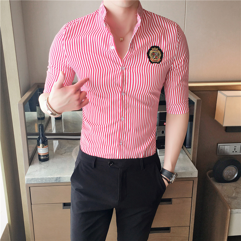British Style Summer Slim Striped 5-Point Sleeve Shirt Navy Style Shirt